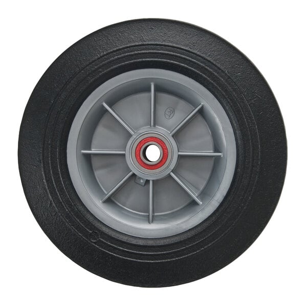 A close-up of a black Magliner solid rubber wheel with a grey rim.