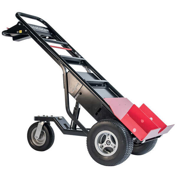 A black and red Magliner motorized hand truck with foam filled wheels.
