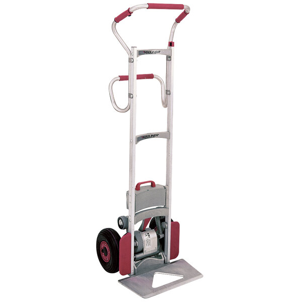 A Magliner hand truck with 10" pneumatic wheels and a red ergo handle.