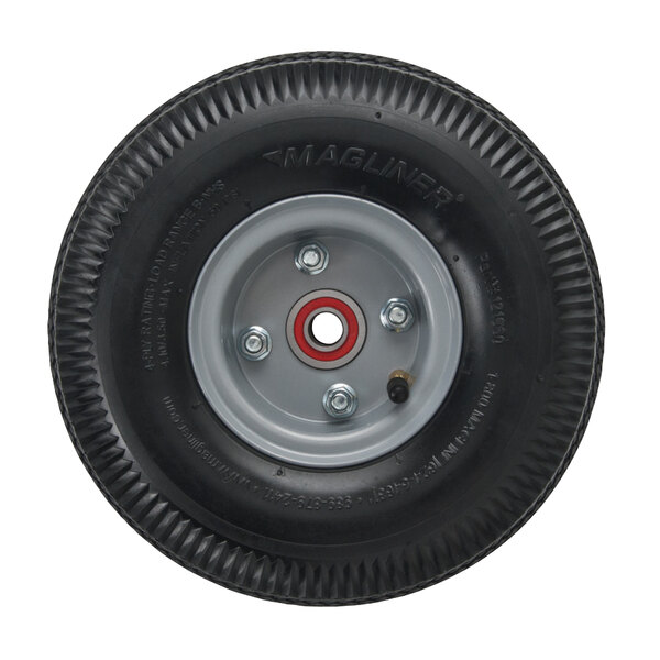 A black Magliner 10" 4-ply pneumatic tube-type replacement wheel with a silver rim.