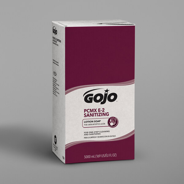A box of two GOJO TDX E2 sanitizing lotion hand soap refills.