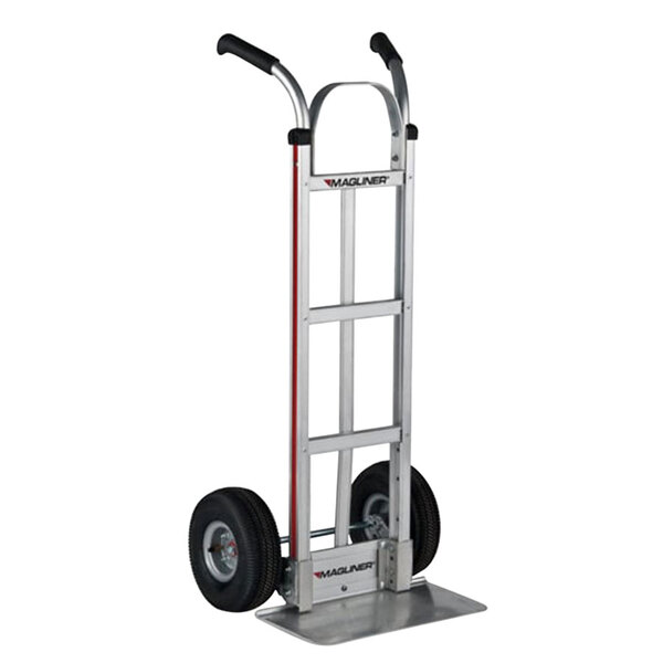 A silver hand truck with black pneumatic wheels.