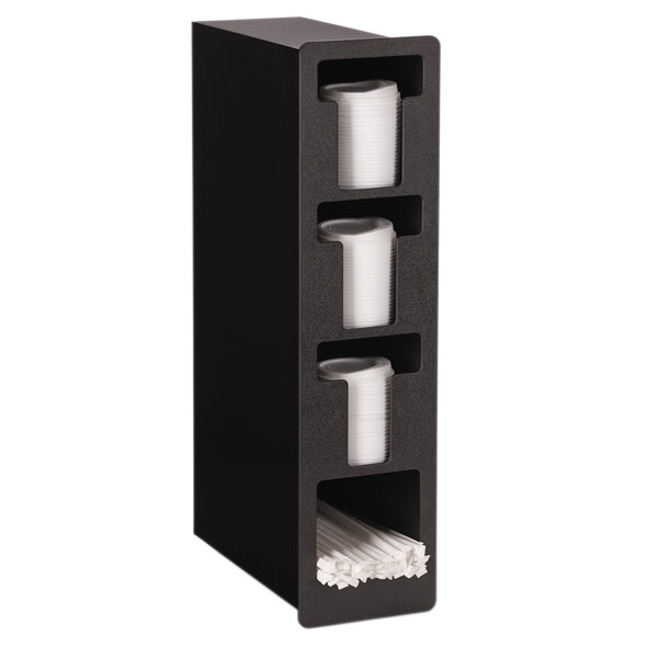 A black Vollrath vertical lid holder with straw slot holding plastic cups.