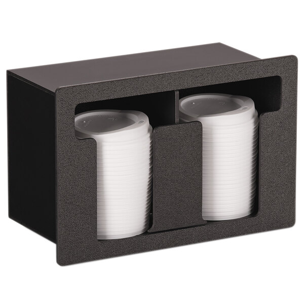 A black Vollrath lid holder with two slots holding white lids.