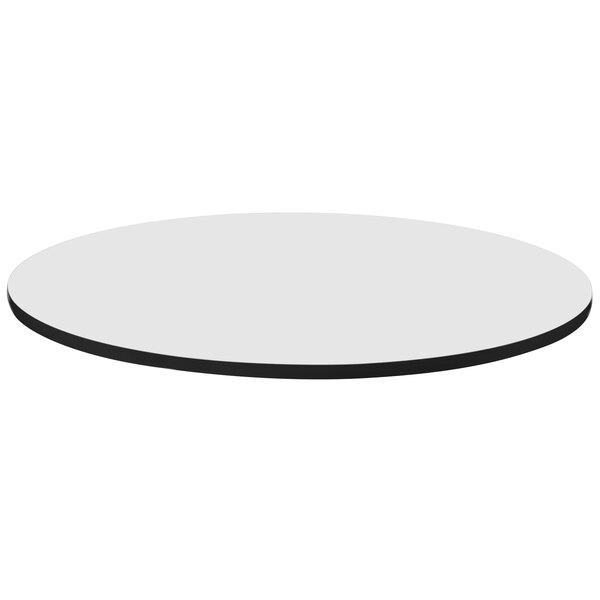 A white circular table top with a black edge.