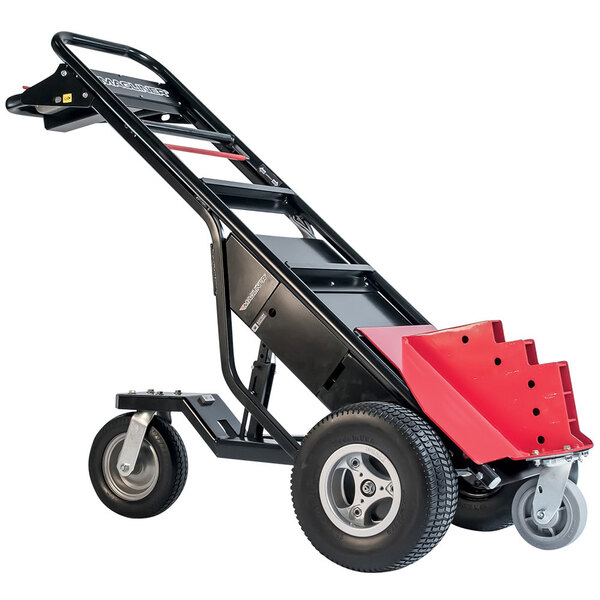 A black and red Magliner motorized hand truck with foam filled wheels.