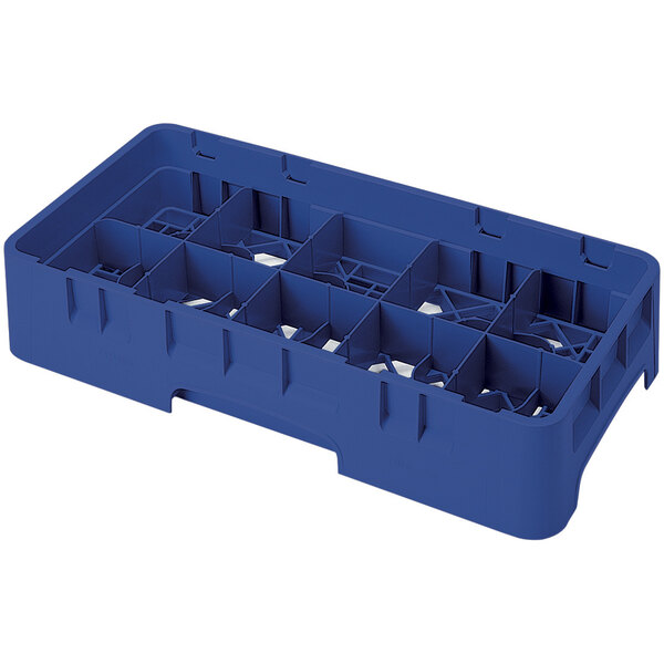 A navy blue plastic Cambro glass rack with 10 compartments and 4 extenders.