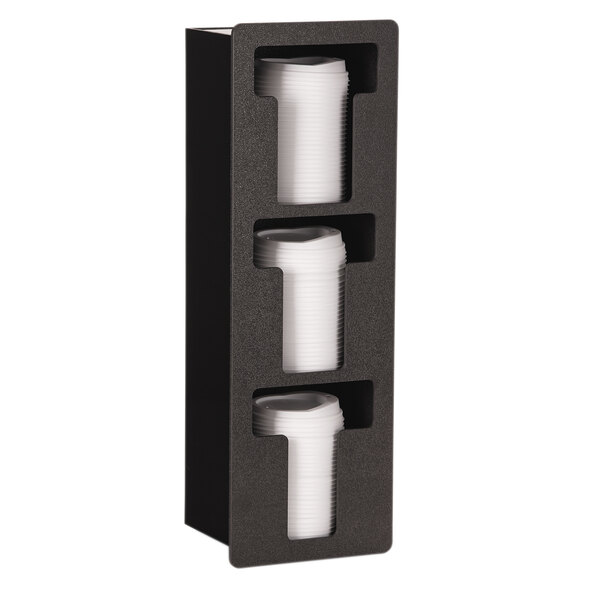 A black thermoplastic wall mount with three vertical slots holding white plastic lids.