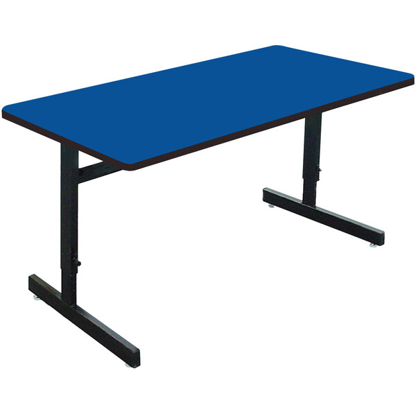 A blue rectangular Correll computer table with black legs.