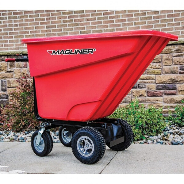 A red Magliner motorized hopper cart with 13" pneumatic wheels and dual handle bars.