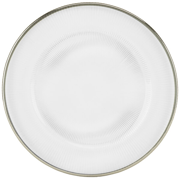 A white charger plate with a silver rim.