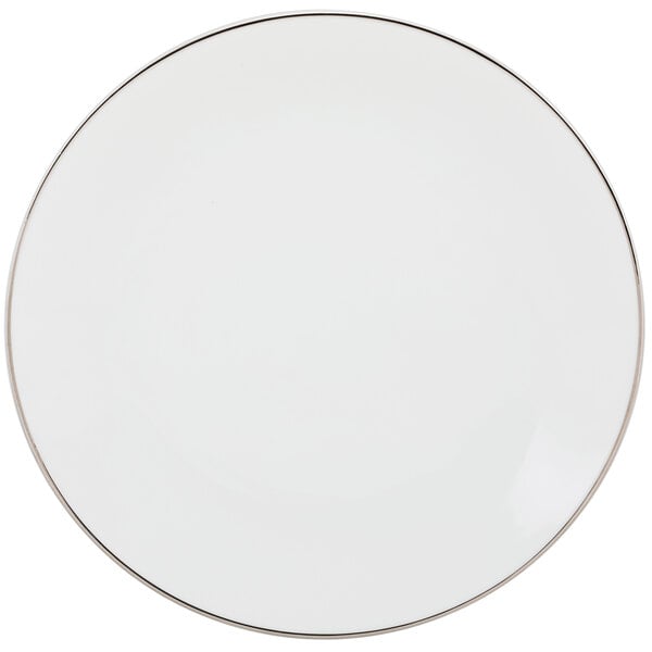 A white porcelain dinner plate with a silver rim.