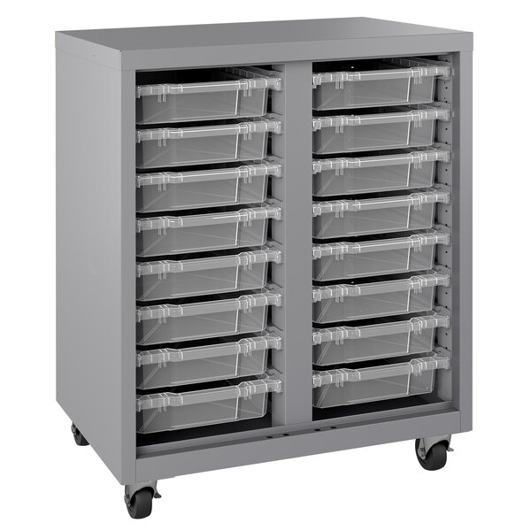 A gray metal Hirsh Industries mobile cabinet with clear plastic bins on wheels.