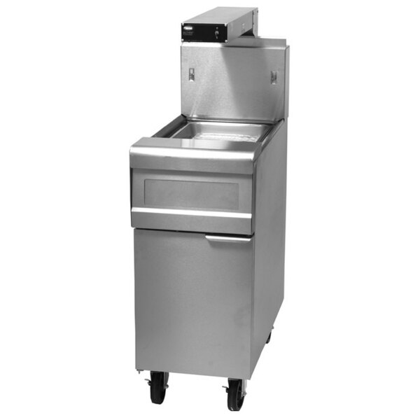 A stainless steel Frymaster spreader cabinet with wheels.