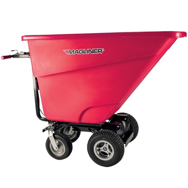 A red Magliner motorized hopper cart with wheels and dual handle bars.