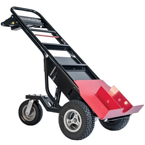 A black and red Magliner motorized hand truck with 13" pneumatic wheels.