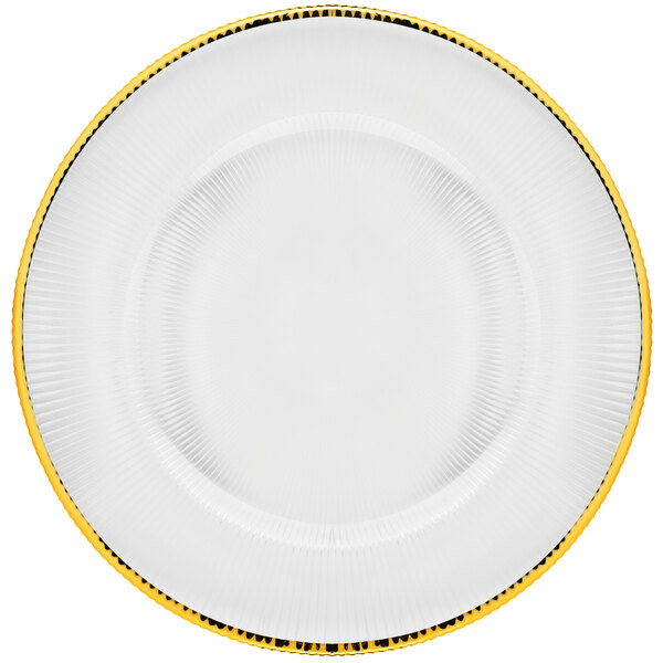 A white plate with a gold rim and a yellow stripe.