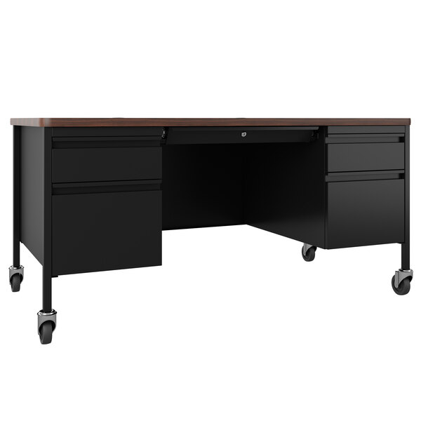 A black and brown Hirsh Industries mobile double pedestal teacher's desk with wheels.
