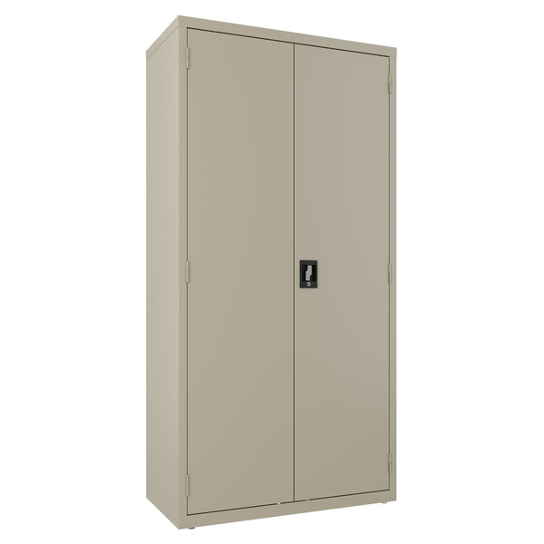A grey metal cabinet with a black handle and lock.