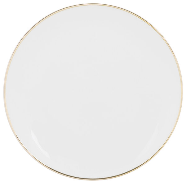 A white 10 Strawberry Street porcelain bread and butter plate with a gold rim.