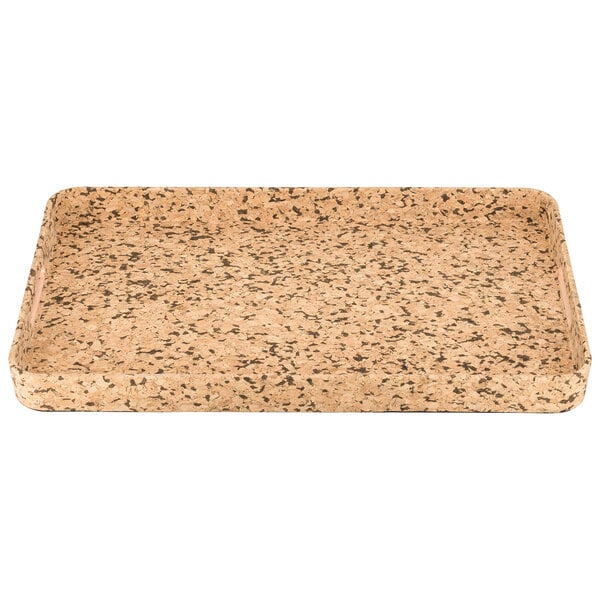 A 10 Strawberry Street rectangular brown cork tray with black speckles.