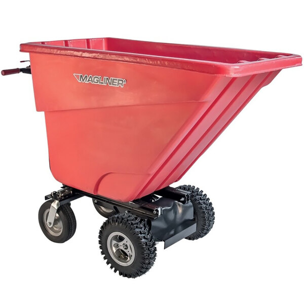 A red Magliner motorized hopper cart with wheels.