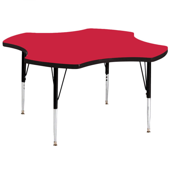 A red table with black legs.