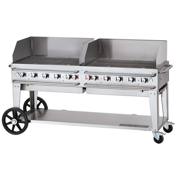 A Crown Verity 72" Pro Series outdoor rental grill on a cart with a wind guard.