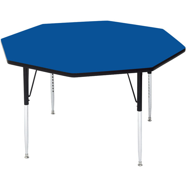 A blue octagon Correll activity table with adjustable legs.