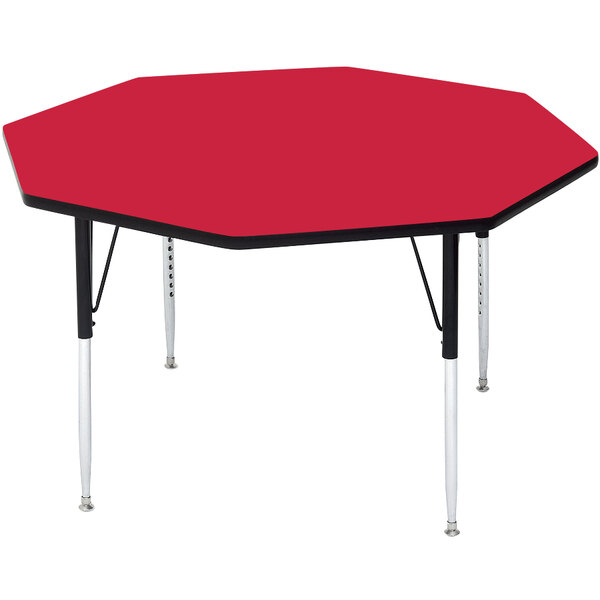 A red octagon Correll activity table with legs.