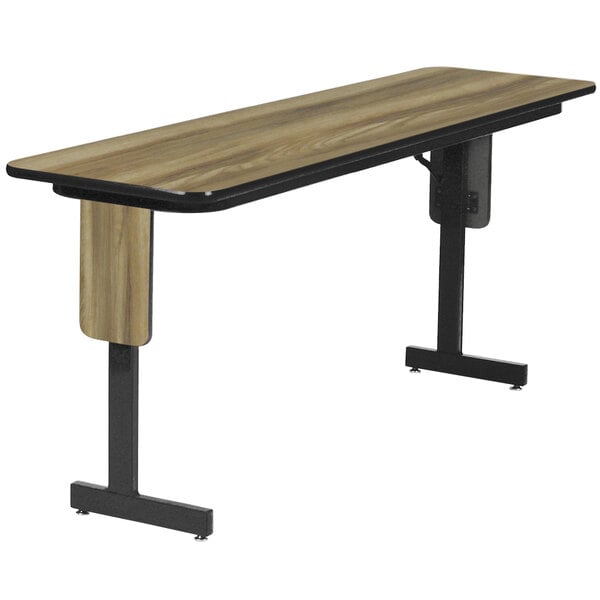 A Correll rectangular Colonial Hickory laminate seminar table with black panel legs.
