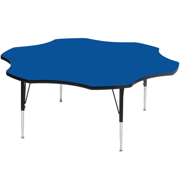 A blue Correll activity table with black legs.