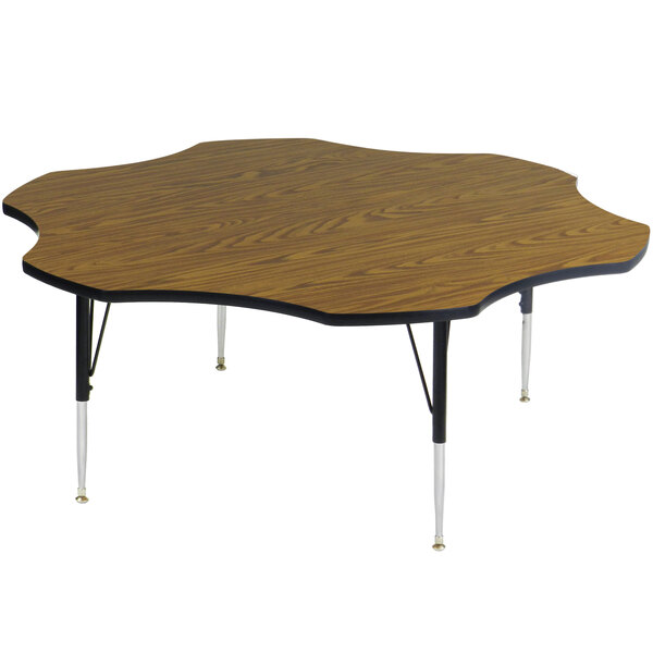 A Correll activity table with a medium oak wood surface and metal base.