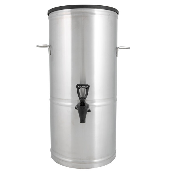 A silver container with a black handle, Bloomfield 5 gallon iced tea dispenser.