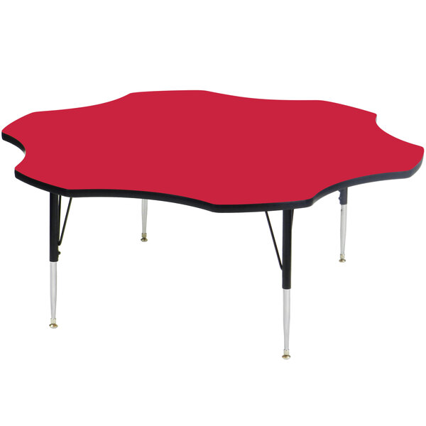 A red Correll activity table with black legs.
