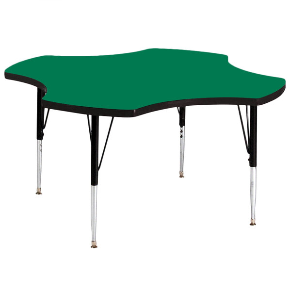 A green table shaped like a clover with black legs.