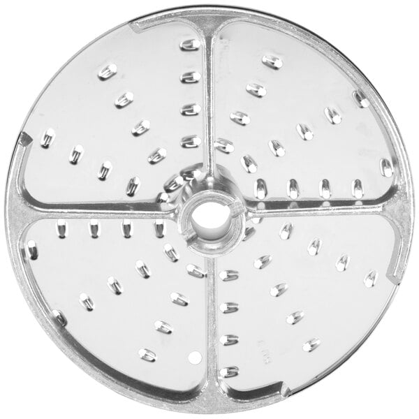 A Robot Coupe 1/8" grating / shredding disc, a circular metal disc with holes.