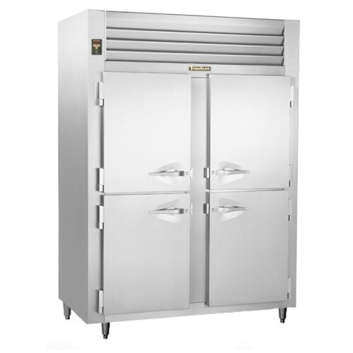 A Traulsen stainless steel reach-in freezer with two half doors.