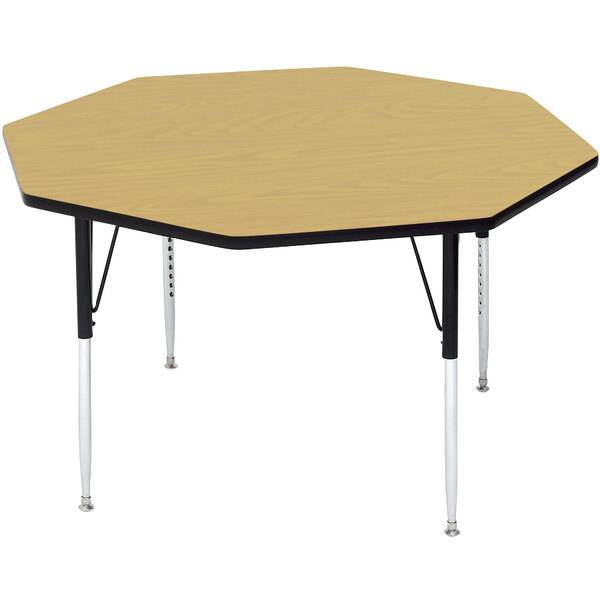 A Correll hexagon table with legs and a wooden surface.
