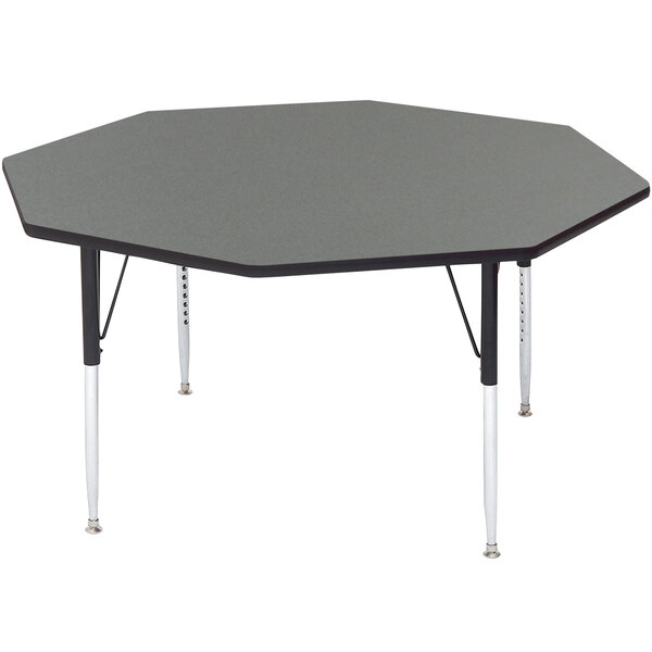 A grey octagon-shaped Correll activity table with adjustable silver legs.