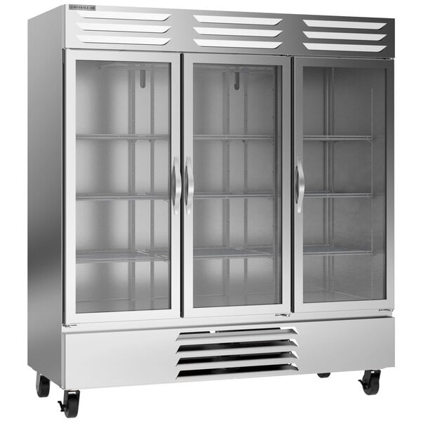 A Beverage-Air Vista Series three section glass door reach-in freezer.