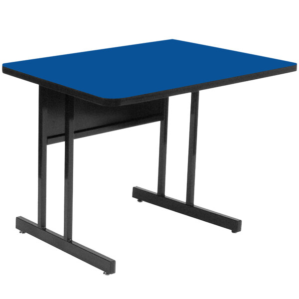 A blue rectangular desk with black legs.