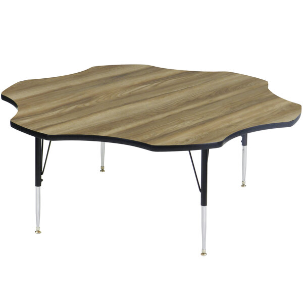 A wood table with black trim and metal legs.