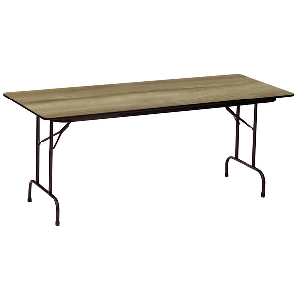 A rectangular Correll folding table with a Colonial Hickory wooden top and black metal legs.