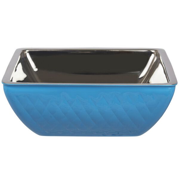 A Caribbean blue square bowl with silver trim.