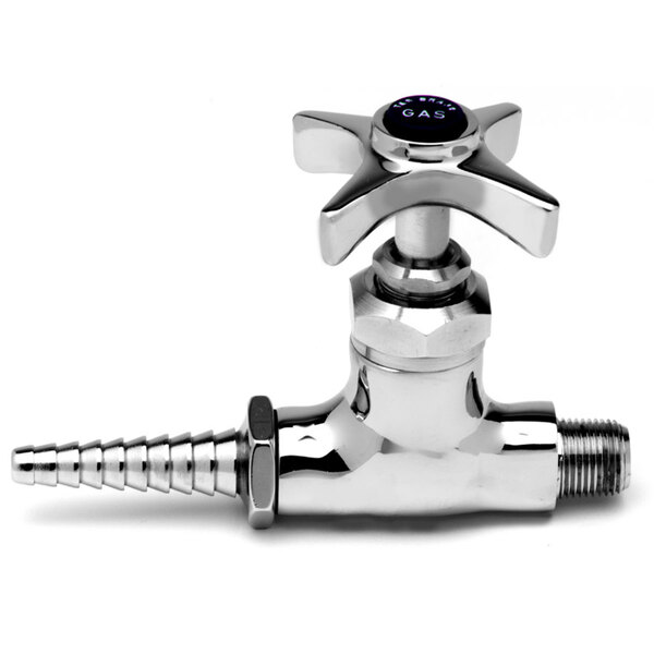 A silver metal T&S laboratory faucet with a black and blue handle.