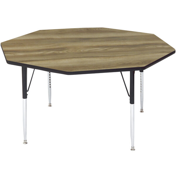 A Correll octagon table with a wooden top and adjustable metal legs.