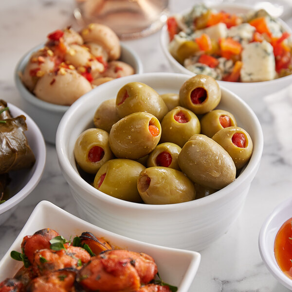 A bowl of Belosa Bloody Mary flavored stuffed green olives.