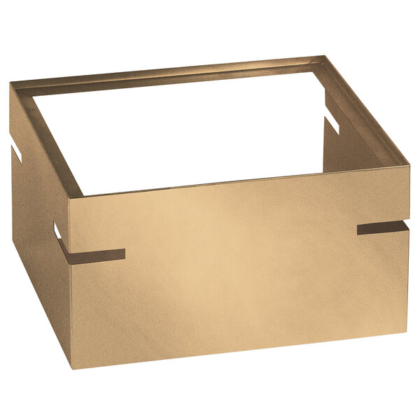 A bronze coated stainless steel buffet stand with elevation adapters.