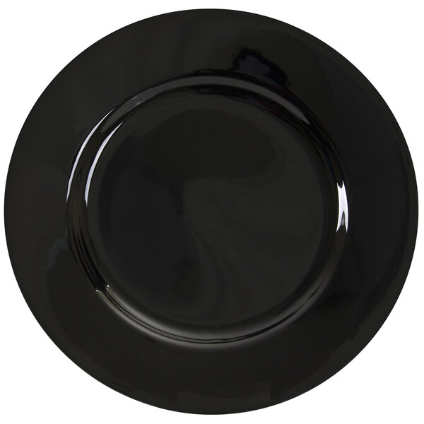 A white porcelain salad plate with a black rim.